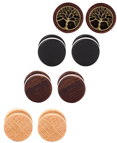 Tanyoyo Wood Cheater Fake Ear Plugs Gauges Illusion Screw Stud Earrings 3pair a set (10mm:3 pair +1 pair tree of Life)