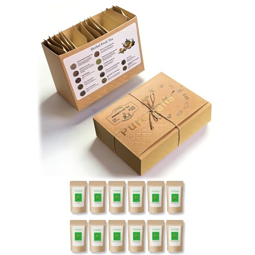 Pureleafia Herbal Fruit Tea Gift Set - 12 Artisan Flavors, 15g Loose Leaf Pouches, Hot & Cold Brew, Sugar-Free, High Concentration 5g for 2L Pitcher, Ideal for Family Travel & Holiday Gift