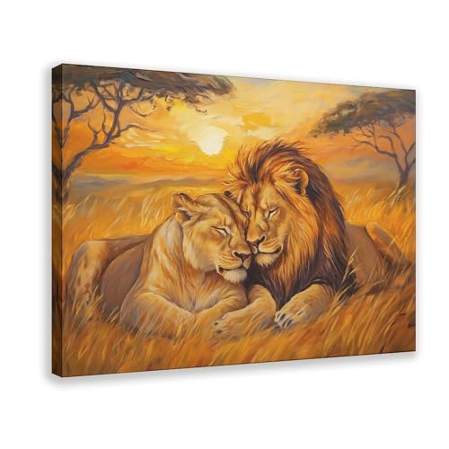 ZDFTAFD Póster de lona de pareja de leones en sabana, decoración de dormitorio, decoración de paisaje, regalo, 20 x 30 cm