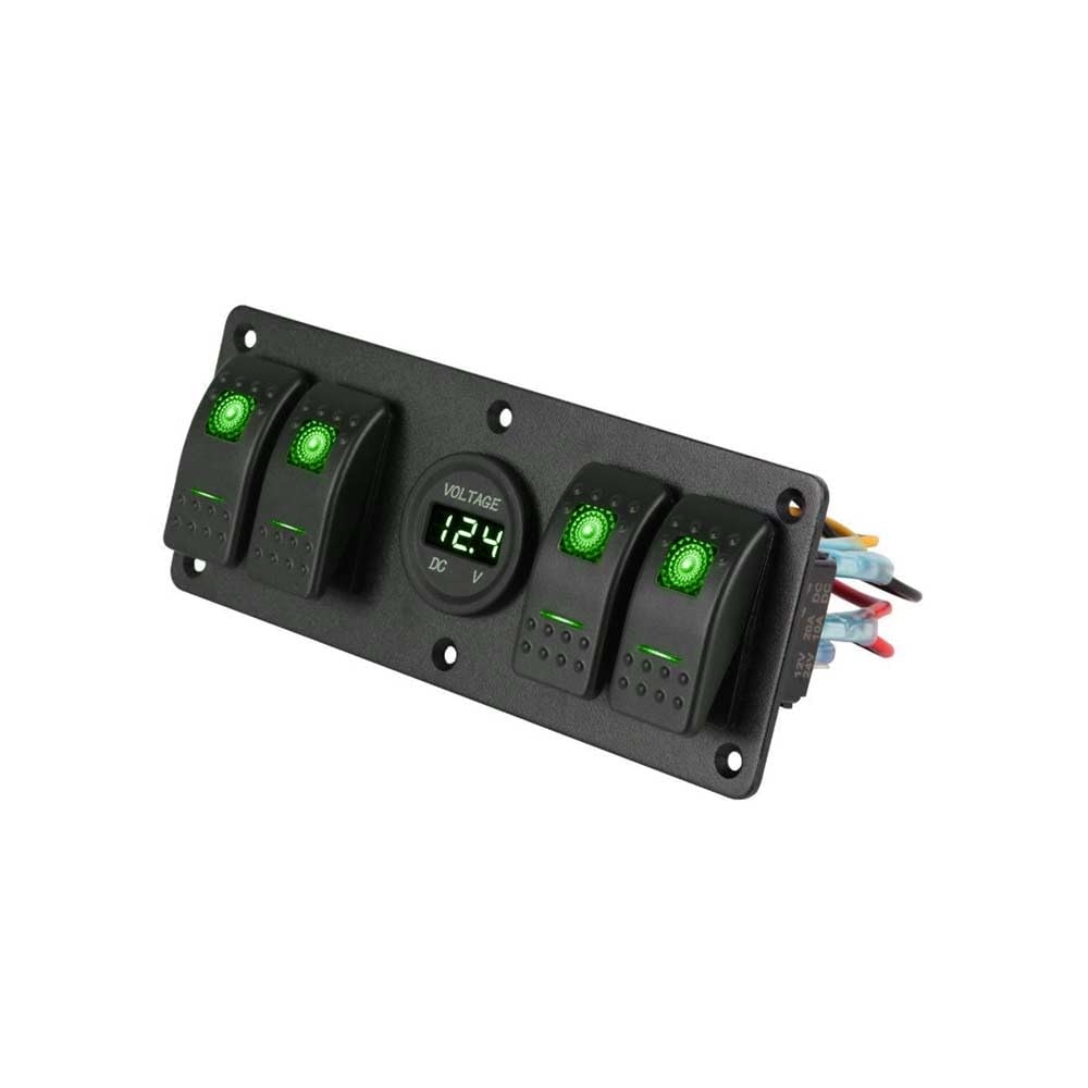 Boat Yacht Automotive 4 Way Marine Toggle Rocker Switch Panel Voltmeter Display Multi-Function Green Light