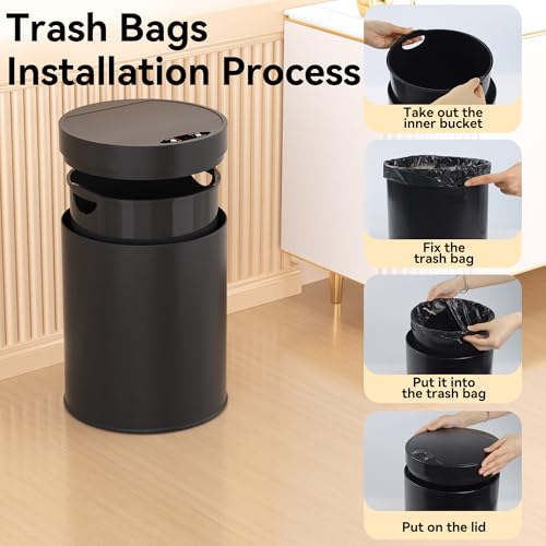 Image of Bathroom Trash Can with Lid 2.6 Gallon Stainless Steel TrashCans Automatic Bathroom Garbage Can for Bedroom, Kitchen, Office