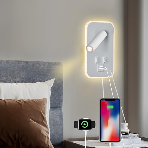 Image of Headboard Reading Light, Bedside Lamp Plug in Hardwired 2 in 1 Wall Lamp, Bedside Lamps USB C+A Ports, Adjustable Headboard Lights for Bedroom with 10W+3W Wall Mounted Reading 3000K (White)