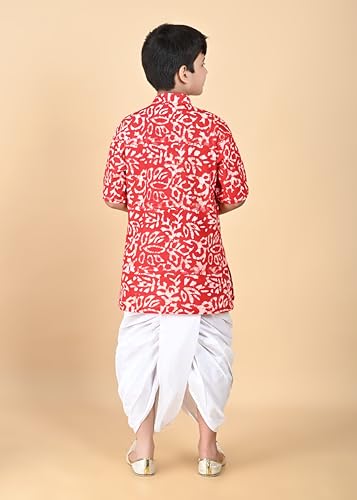 Image of Kids Traditional Pure Cotton Batik Printed Kurta & Dhoti Pant Set, Short Sleeve, White Bottom, Ethnic Wear