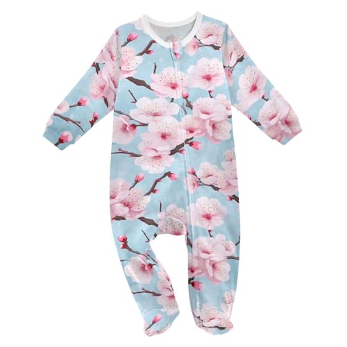 J JOYSAY Blue Cherry Blossom Flowers Baby One-Piece Footies Cotton Baby Girl Sleepers Sleepers for Sleep Play Girl 18M