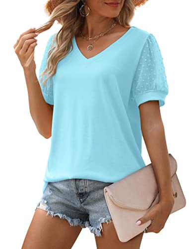 Image of Aokosor Womens Summer Tops V Neck T Shirts Swiss Dot Puff Sleeve Tops Loose Casual Tshirts