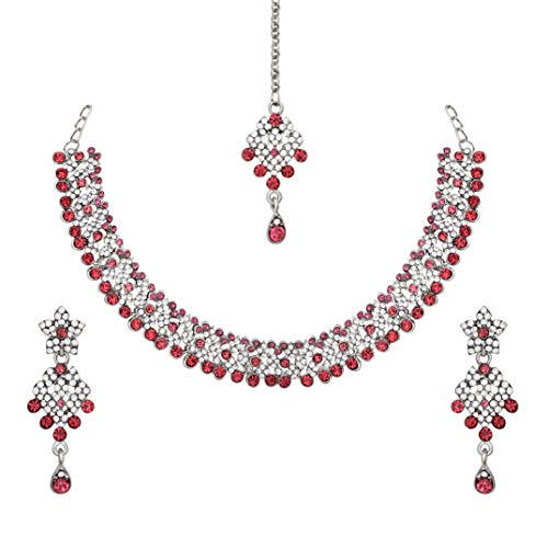 Image of Atasi International Splendid Silver Plated Pink Necklace Set with Earrings & Maangtikka - Jewellery Collection for Weddings, Parties, and Festivals (RP4073)