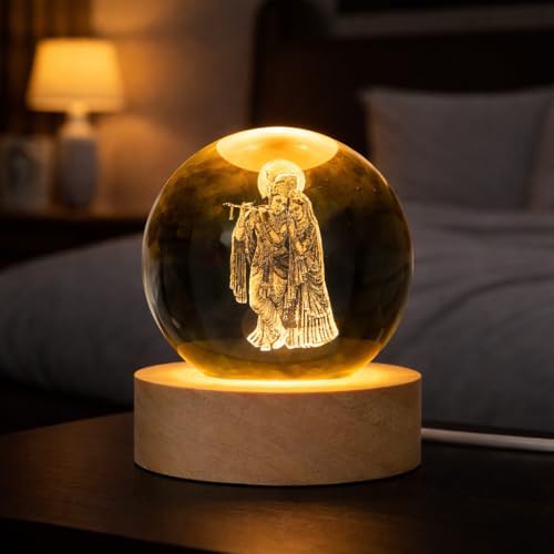 Image of 3D Crystal Radha Krishna Lamp LED Light Base with Laser Engraved Divine Idol in Glass Spiritual Night Light for Home, Temple, Office Hindu God Gift for Pooja, Festivals & Decor
