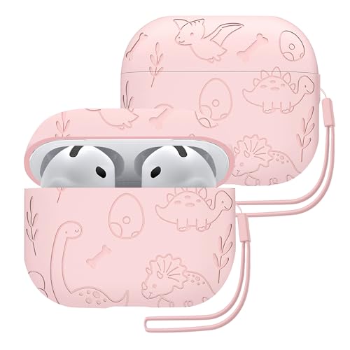 ECZOIL Gravierte Hülle Kompatibel für Airpods 4, Dinosaurier Muster Silikon Schutzhülle Case mit Silikonband für Airpods 4th Generation-Rosa