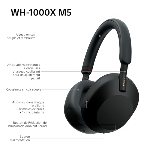 Sony WH-1000XM5 - Étui Rigide, Casque sans Fil Haut de Gamme à réduction de Bruit, Bluetooth, qualité d'appel Claire, Audio Hi Res, 30h d'autonomie, étui Rigide, iOS et Android - Noir