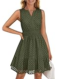 ZESICA Women's Summer Sleeveless Mini Dress V Neck Hollow Out Eyelet Flowy A Line Beach Vacation Party Short Dresses Army Green Medium