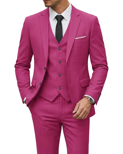 Image of YND Men's 3 Piece Suit with Tie, Solid Color Slim Fit Jacket Vest and Pants