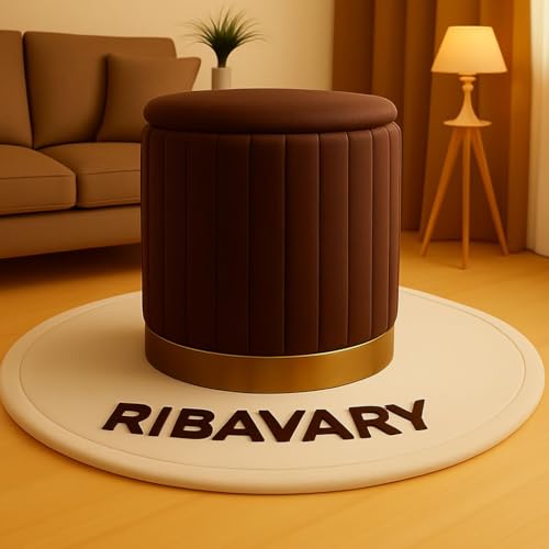 Image of Round Velvet Luxurious Storage Ottoman, Pouf with Storage Vanity Stool Chair,Upholstered Foot Rest Stool with Gold Strip Base for Living Room or Bedroom (Coffee, Medium- 36Dx36Wx40H)