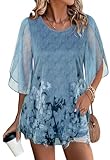 SeSe Code Womens Flowy Tops Flutter Sleeve Chiffon Blouses for Women Dressy Casual Scoop Neck Tunic Tops to Wear with Leggings Office Wear Blue Floral XL