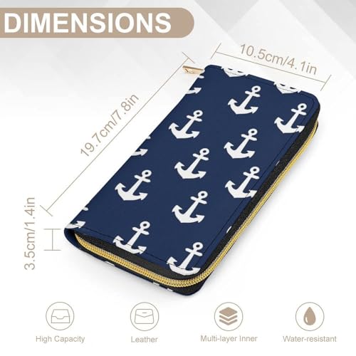 Girl's Long PU Wallet, Travel Purse Fashion Design, Huge Storage Capacity Purse, Cute Decor Zipper Wallet Navy Nautical Anchor2