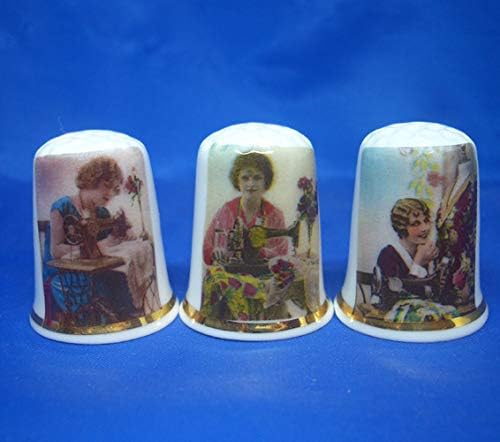 Porcelain China Collectable - Set of Three Thimbles - Victorian Ladies Sewing