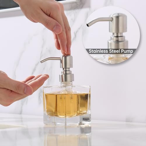 Image of Square Bathroom Soap Dispenser, Brushed Nickel, Glass Bottle, Stainless Steel Pump, Kitchen Hand Soap Dispenser
