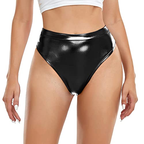 Javly Women's Thong Metallic Rave Bottoms High Waisted Shiny Panties Clubwear Dance Bottom