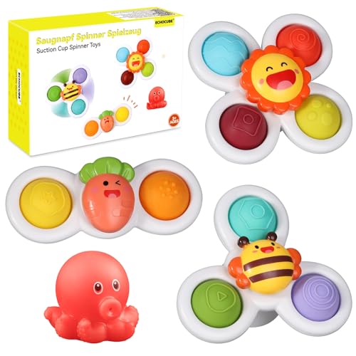 ECHOCUBE Juguetes Giratorios con Ventosa, 3 Piezas Juguetes Sensoriales Giratorios Educativos, Juguete Ventosa Trona, Juguetes de Baño con Ventosa para Niños y Niñas