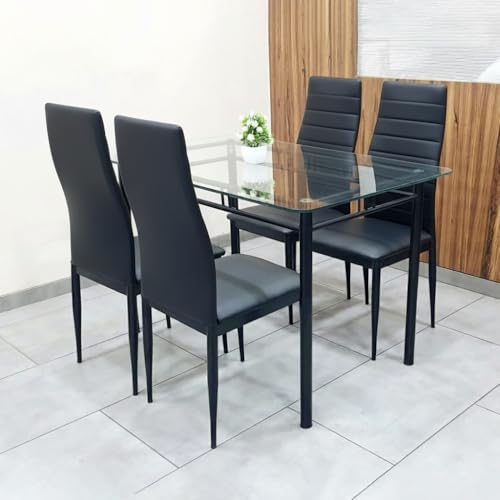 Image of Metal Dining Table Set with Clear 12 mm Thick Toughened Glass Top with Chair for Home Kitchen & Dining Room (Black Full Cushion, 4 Seater 2.5 x 4 feet)