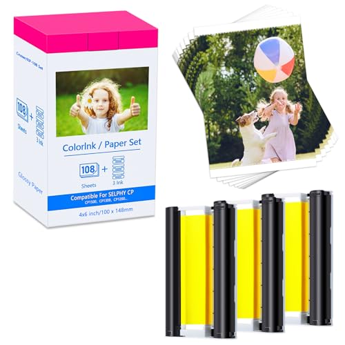 Cruxer Kompatibilität mit Canon Selphy CP1500 CP1300 Fotopapier 10x15  cm KP-108in Das Papier und die Kartuschen for Selphy CP800 CP1000 CP910 CP810 CP1200, 108 Blatt Abrisskanteund 3 Patrone
