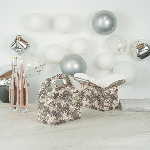 Restaurantware RWA1220BRG-25 Bio Tek 8.5 X 4.8 X 5.5 Inch Gable Boxes For Party Favors, 25 Attractive Gift Boxes - Camouflage Print, With Built-In Handle, Paper Barn Boxes thumb #6
