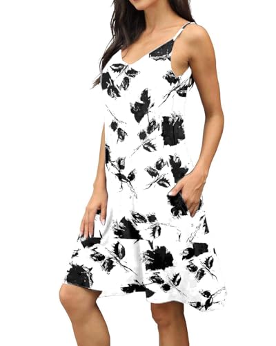 Image of Women's Summer Spaghetti Strap Casual Swing Tank Beach Cover Up Dress with Pockets