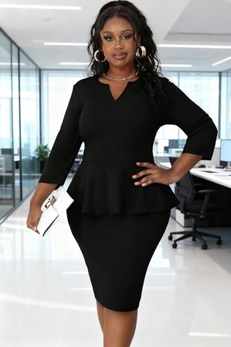 Image of Runwind Plus Size Dresses for Curvy Women, Work Church Professional Office Vintage Peplum Pencil Dress V Neck 3 /4 Sleeve