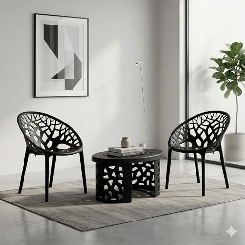 Image of Oaknest Neelakamal Crystal Plastic Chair and Table Set of 2+1 | Modern Cut-Out Design Indoor & Outdoor Furniture for Balcony, Garden, Patio, and Living Room | Iron Black
