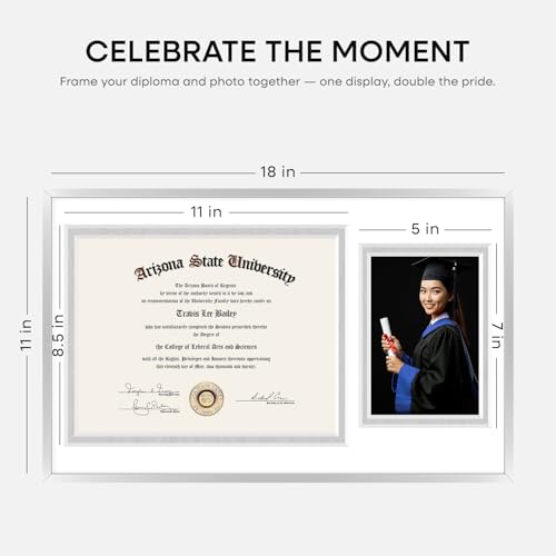 Image of Homeforia 11x18 Silver Diploma Frame with Photo, High End Metal 11 x 18 Certificate Frame with Mat for 8.5x11 Diploma and 5x7 Picture, 18x11 Award Graduation Frames, Tempered Glass, Wall Kit, Set of 1