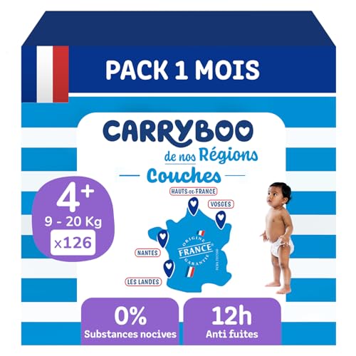 Carryboo - Windeln Größe 4+ (9 – 20 kg) – gesund und extrem saugfähig – 12 Stunden auslaufsicher – ohne unerwünschte Substanzen – hergestellt in Frankreich – erschwinglicher Preis – 126 Einwegwindeln