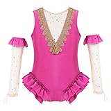 Vestido patinaje artistico niña,Sin mangas, parte delantera con malla de brillo y adornos de trenza dorada. Espalda en forma de V