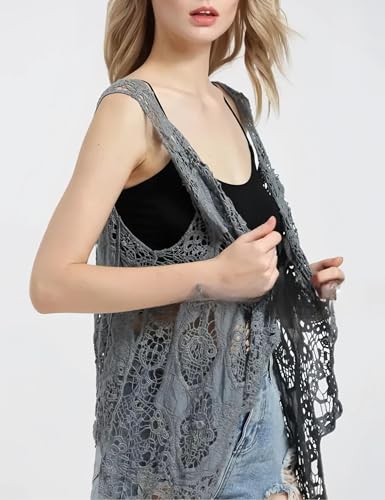 Image of Women's Floral Crochet Vest Hollow Out Open Front Vintage Boho Lace Button Sleeveless Crochet Cardigan