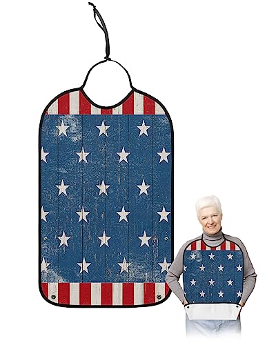 Kewadony Adult Bibs for Elderly Women - 4th of July Waterproof Dining Clothing Protectors with Crumb Catcher for Eating/Feeding, Vintage American Star Independence Day Patriotic Terry Cloth Bib