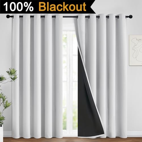 Image of Yakamok Greyish White 100% Blackout Curtains 84 Inches Long, 2 Thick Layers | Blackout Curtains for Bedroom /Living Romm Full Light Blocking Soft Thermal Insulated Drapes for Bedroom 62 inch Wide Each Panel