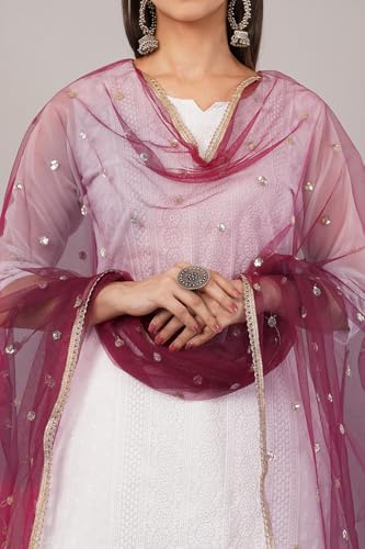 Image of Net Butti Dupatta for Women | Golden Lace Border Chunni | Butti Work Odhani | Wedding & Bridal Styling | Lightweight Drape | Kurti & Salwar Suit