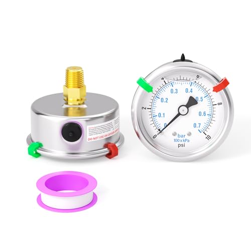Image of 0-10PSI Stainless Steel Liquid Filled Pressure Gauge, 2.5 inch Dial Size, 1 /4 inch NPT Back Mount, for Tube, Water Pump, Gas, Liquid, Pressure Test (with Range Mark Pointer)