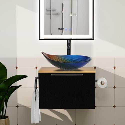 ZealWe Badmöbel Set 2-teilig Waschbecken mit Unterschrank 60 cm mit Handtuchhalter Rollenhalter, Waschtischunterschrank hängend mit Waschtish 56 cm für kleine Gäste WC Waschplatz, Mehrfarbig