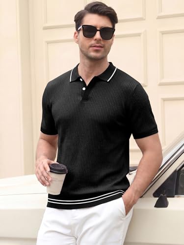 Crastimo Men's Textured Polo Shirt Vertical Rib Short Sleeve Contrast Trim Collar Hem 2-Button Classic Fit Casual Golf Black XL — view 5