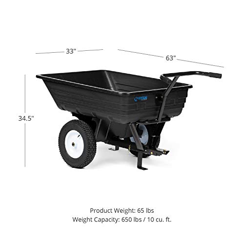 Titan Attachments 650 LB (10 Cu. Ft.) Economy Tow-Behind Poly Dump Cart for Lawn Tractor and ATV/UTV’s, Poly Dump Cart,