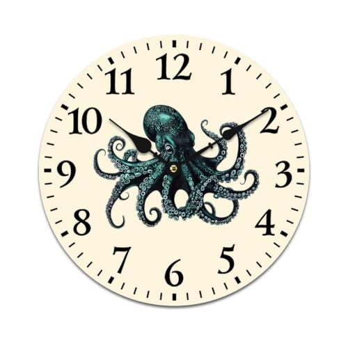 Image of Octopus with Intricate Pattern Wooden Wall Clock Non-Ticking Wallclocks Battery Operated for Office Living Room Bedroom Kitchen