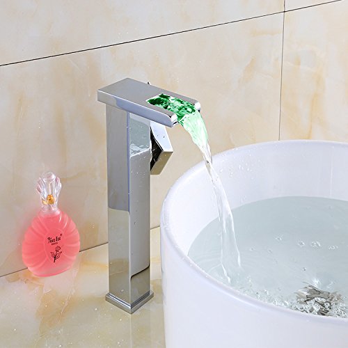 Wovier Led Water Flow Chrome Waterfall Bathroom Sink Faucet,Color Changing,Single Handle Single Hole Vessel Lavatory Faucet,Basin Mixer Tap Tall Body #TOP4