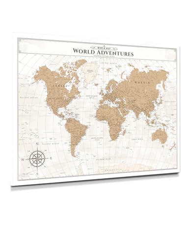 Image of IPIC - Vintage Push Pin World Map Canvas Wall Art, Oversized Travel Map Print for Travel Lovers, Push Pin Wall Decor for Home, Office, Study or RV, Ready to Hang