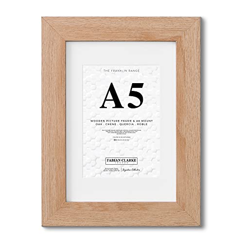 Fabian Clarke London® A5 Modern Oak Wooden Picture Photo Frame with White A6 Mount to Hang Portrait or Landscape