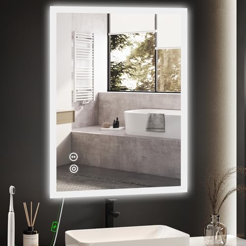 YOLEO Specchio Bagno con Luce LED Orientabile 3 Colori, 50x70 cm Specchio da Bagno con Presa di Corrente, Antiappannamento, Antideflagrante, con Interruttore Touch, Verticale/Orizzontale