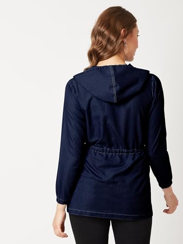 Image of Miss Chase Women's Polo Neck Full Sleeves Patch Pocket Denim Overcoat Knee-Length Jacket