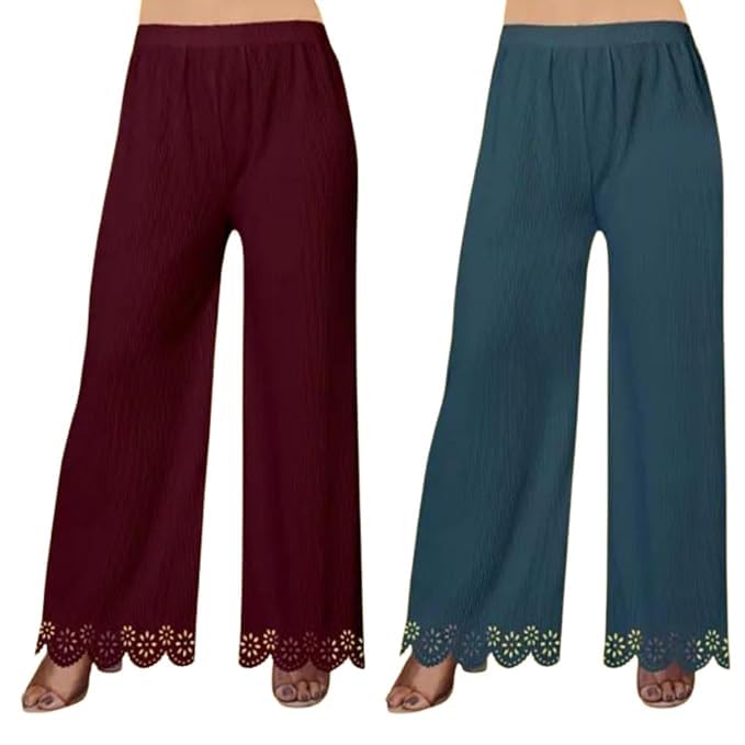 Women’s Stretchable Lycra Palazzo Pants – High-Waist Flared Trousers for Office, Festive and Casual Wear | Soft and Stylish Bottoms | Pack of 2 Women’s Stretchable Lycra Palazzo Pants – High-Waist Flared Trousers for Office, Festive and Casual Wear | Soft and Stylish Bottoms | Pack of 2