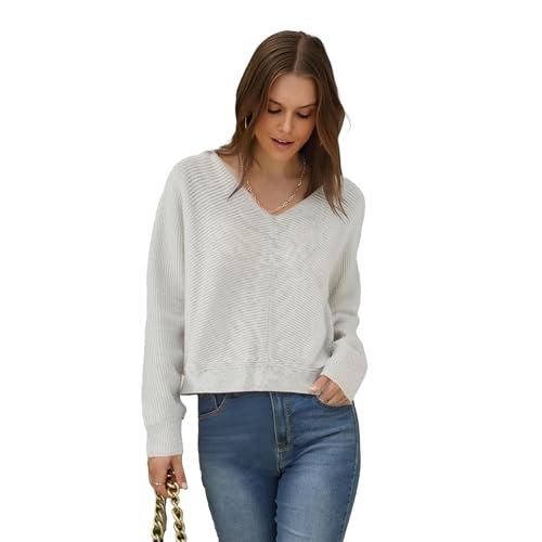 Simple&Opulence Women's Open Back Sweater with Bow Tie Long Sleeve V Neck Backless Drop Shoulder Knit Pullover Sweaters S-XL2