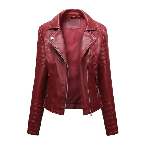 Silunma2021 Chaqueta casual de cuero fino para mujer, con cremallera y solapa, abrigos ligeros, color liso, ropa exterior con bolsillo (rojo, L)