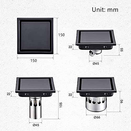 Bodenablauf,Duschablauf fünfzehn X15 cm 304. Edelstahl Dusche Drain Schwarz Badezimmer Bodenabfluss Fliesen Einsatz Square Anti-Geruch Boden Abfallgitter(15cm B)