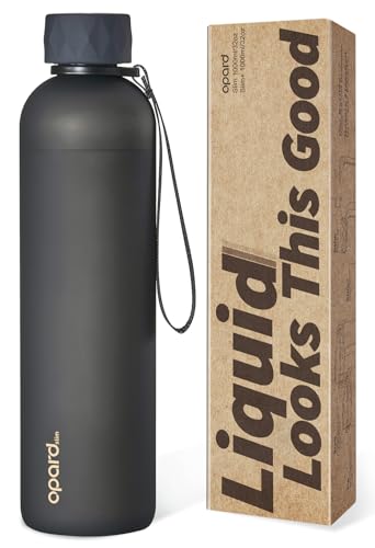 Opard Slim Pro Water Bottle 32oz, Plastic Water Bottle BPA-Free, Facetted Rubberized Grip-Texture Monocap, Leakproof Screw Top, Charcoal Black, Reusable for Travel School Sport Gym Hiking